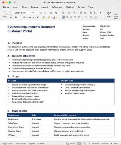 Business Requirements Document generated by the BRD/FRD Drafter Claude Skill from the same workshop notes — purpose, objectives, scope and stakeholders, fully structured