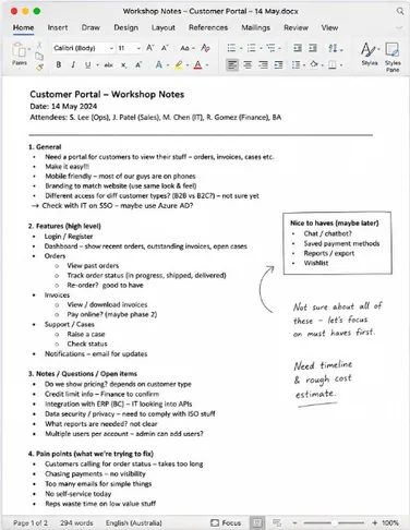 Raw workshop notes for a Customer Portal project — handwritten-style bullet points on features, pain points and open questions, unedited